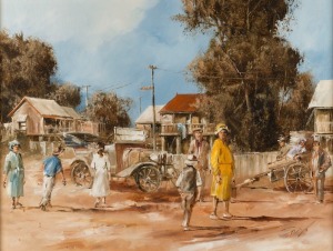 JOHN GUY (1944-2000), First In The Street, (Brisbane, 1913), oil on canvas, signed verso "Guy, '87",. ​​​​​​​35 x 46cm, 58 x 69cm overall