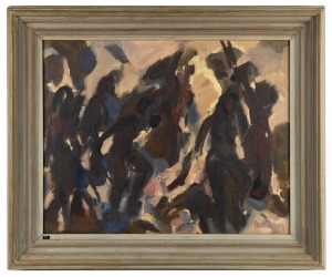 ARTIST UNKNOWN, (untitled abstract figures), oil on board, signed lower right (illegible), ​​​​​​​39 x 49cm, 53 x 63cm