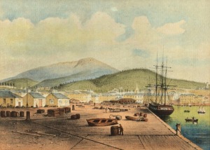 Three colour prints of old Tasmanian scenes, 20th century, the largest 33 x 40cm overall