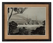 Three WWII period black and white photographs of war ships including H.M.S. Illustrious and H.M.S. Grenville in the Bay of Naples, circa 1940s, the largest 24 x 31cm overall