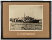 Three WWII period black and white photographs of war ships including H.M.S. Illustrious and H.M.S. Grenville in the Bay of Naples, circa 1940s, the largest 24 x 31cm overall - 3