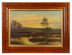 ARTIST UNKNOWN, Australian landscape, oil on card, in antique maple frame with gilt slip, ​​​​​​​24 x 34cm, 36 x 46cm overall