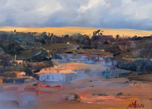 JI CHEN (1960 - ), River Bank, oil on canvas, signed lower right, titled verso, with accompanying letter from the artist, ​​​​​​​23 x 33cm, 39 x 49cm overall