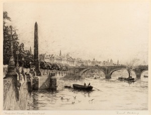 FRANK HARDING, Cleopatra's Needle, Embankment, dry point etching, signed and titled in the lower margin, 24 x 31cm, 45 x 51cm overall