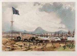 [VAN DIEMEN'S LAND] Two antique French coloured engravings, I.) Rade d'Hobart-Town, Ile Van Diemen, II.) Vue Generale D’Hobart-Town, attractively framed and mounted, the larger 33 x 46cm, 72 x 82cm overall