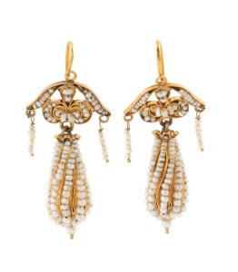 A fine pair of Sicilian yellow gold and natural seed pearl drop earrings, 18th century, 4cm high overall, 7 grams total