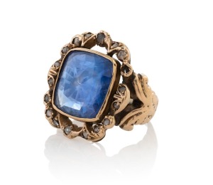 An antique yellow gold ring, set with a stunning pale blue sapphire, surrounded by old mine cut diamonds, 18th century. Accompanied by Diamond & Gemstone Bourse (Melbourne) valuation ($7,600), 9.5 grams