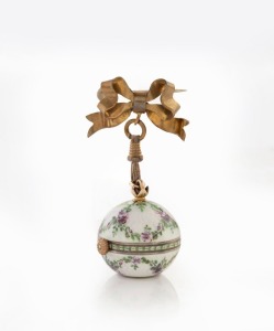 An antique spherical brooch pendant watch with enamel decoration, early 20th century, 2.5cm wide including crown