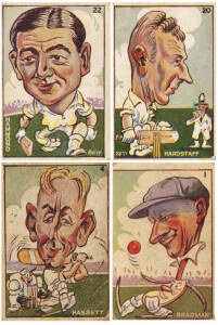 1938 Sweetacres "Cricket Caricatures", part set [18/24], noted Don Bradman, Lindsay Hassett, Walter Hammond & Joe Hardstaff. Poor/VG. Rare