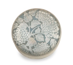 LALIQUE "MEUDON" French glass powder box with original grey/blue staining, engraved "R. Lalique, France, No.61", 3.5cm high, 8.5cm diameter