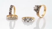 Four 18ct yellow gold rings, all set with white diamonds and coloured stones, ​​​​​​​14 grams total
