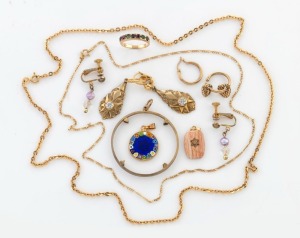 A 9ct yellow gold necklace, 9ct gold earrings, and a 9ct gold and coloured stone ring (11.5 grams total); together with a gilt silver necklace, gilt silver coin pendant mount (empty), two pairs of earrings and two Star of David pendants, (9 items)