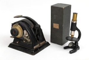 "PROTECTOGRAPH"&nbsp;antique desk instrument; together with an antique microscope in original card case, (2 items), 16cm high and 18cm high