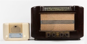 PHILIPS brown bakelite mantle radio; together with a&nbsp;MULLARD&nbsp;cream bakelite mantle radio, (2 items), 36cm and 18cm high
