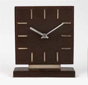 A German Art Deco mantle clock, leather and chrome with baton numerals, 20th century, 27cm high