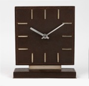 A German Art Deco mantle clock, leather and chrome with baton numerals, 20th century, 27cm high