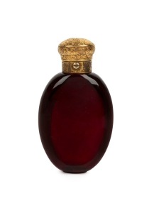 An antique English ruby glass scent bottle with engraved gold top, circa 1860, 9.5cm high