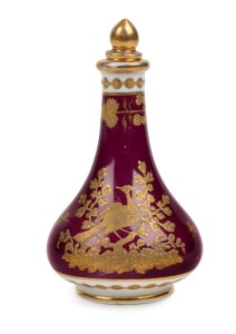 SPODE antique English porcelain scent bottle with stopper on burgundy ground with high quality gilt pheasant and blossom decoration, circa 1825, signed "SPODE", 10cm high