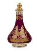 SPODE antique English porcelain scent bottle with stopper on burgundy ground with high quality gilt pheasant and blossom decoration, circa 1825, signed "SPODE", 10cm high