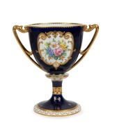 ROYAL CROWN DERBY antique English blue and gilt loving cup with hand-painted floral vignette, signed "G. Jessop", 19th century, red factory mark to base, 13.5cm high