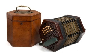 An antique English squeeze box accordion in original hexagonal timber case, 19th century, the case 18cm high, 18cm wide, 21cm deep