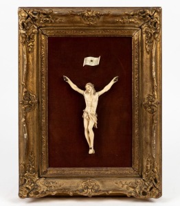 CHRIST carved ivory figure mounted on velvet board in gilt frame, 19th century, ​​​​​​​37 x 28cm overall