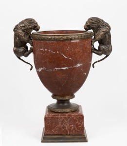 A French rouge&nbsp;marble mantle urn with cast metal lion handles and mounts, 20th century, 44cm high, 36cm wide