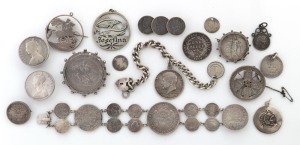 COIN JEWELLERY. A group of assorted silver coins of the world, mounted as brooches, pendants, bracelet, buttons etc, mixed vintages, (17 items), 262 grams total