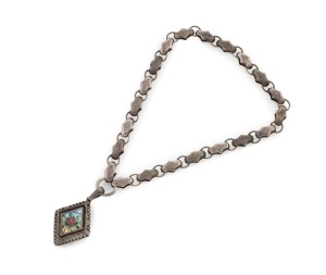 An antique sterling silver necklace and locket pendant with enamel floral decoration titled "LOVE", 19th century, the necklace 36cm long, the locket 6cm high including loop, 38 grams total