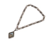 An antique sterling silver necklace and locket pendant with enamel floral decoration titled "LOVE", 19th century, ​​​​​​​the necklace 36cm long, the locket 6cm high including loop, 38 grams total
