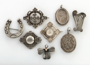 Eight assorted antique silver brooches, pendants and lockets, 19th/20th century, the largest 4.5cm wide, 55 grams total