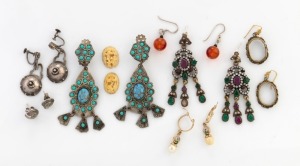 EARRINGS, seven pairs of vintage examples including Chinese carved ivory in gilt silver, turquoise and silver, coloured stone, silver, etc.