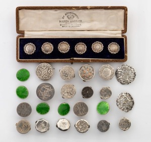 BUTTONS. An attractive group of antique and vintage silver buttons including green enamel examples and a boxed set of six