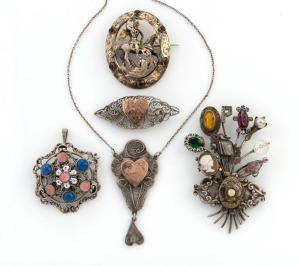 St. George and the dragon silver gilt brooch set with pink stones, a silver and enamel pendant/brooch with cabochon pink and blue stones, a silver filigree brooch and matching necklace adorned with rose gold hearts, and an unusual dress brooch crafted from recycled antique jewellery, (5 items)