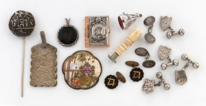 Four pairs of vintage and antique cufflinks, a silver pin, a Satsuma plaque, an intaglio cut seal and pendant, an ivory and silver dance card chatelaine piece, a book ornament and an antique ivory handled seal, 19th and 20th century, (11 items), the ivory seal 4.5cm high