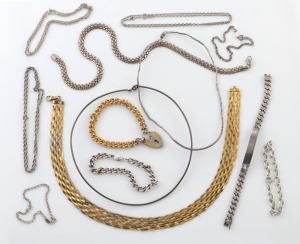 Assorted silver necklaces, chokers, and bracelets, 20th century, (13 items) 140 grams total