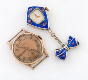 BUCHERER vintage hanging watch in silver and blue enamel case with rose decoration, circa 1930s, together with a vintage wristwatch in gold filled case retailed by Dunklings, (2 items), 6cm high overall