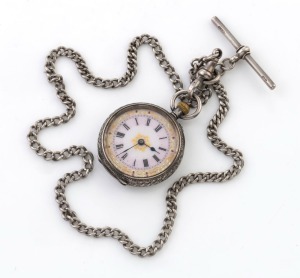 A 935 silver cased pocket watch on an antique English sterling silver fob chain, 19th century, the watch 5cm high overall including loop