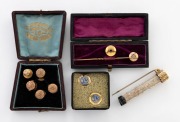 An antique yellow gold and diamond stickpin in original case, a gold mounted opal cylinder (missing one end), and assorted gold plated studs,&nbsp;