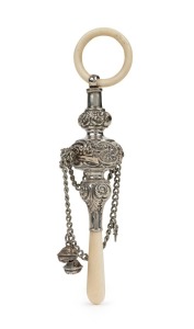 An antique sterling silver and ivory baby rattle, 15cm long