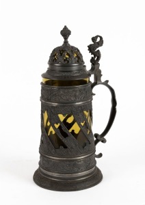 An antique German glass beer stein tankard in pewter mounts, engraved with inscription dated 1858, 30cm high