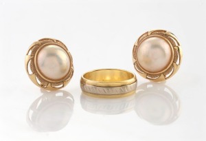 A pair of 14ct yellow gold and pearl earrings, together with a 14ct two-tone gold wedding band, both stamped "585", the ring 5.4 grams