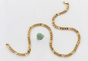 A 9ct white gold jade and diamond ring, together with a gold plated necklace, (2 items), the ring 7.3 grams