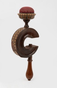 An antique English sewing pincushion table clap with Tunbridge ware decoration, 19th century, ​​​​​​​20cm high