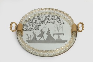 A vintage Murano glass circular tray with acid etched decoration and gilt metal handles, mid 20th century, 33cm across the handles