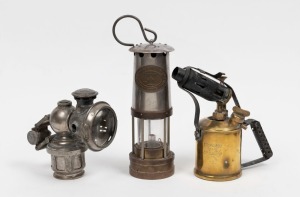 "CALCIA KING" antique English nickel plated bicycle lamp; together with a "COMPANION" antique Australian blow torch and miner's lamp, 19th and 20th century, (3 items), the largest 26cm high