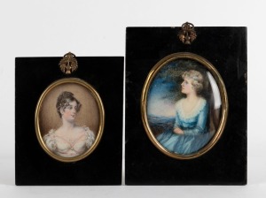 Two antique miniature portrait paintings on ivory, housed in matching ebonised and gilt metal frames, 19th century, the larger 17 x 14cm