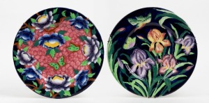 MALING WARE pair of English porcelain cabinet plates on blue ground with iris and peony decoration in the Oriental style, impressed and factory stamped to base, 29cm diameter