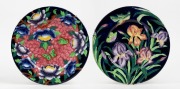 MALING WARE pair of English porcelain cabinet plates on blue ground with iris and peony decoration in the Oriental style, impressed and factory stamped to base, 29cm diameter