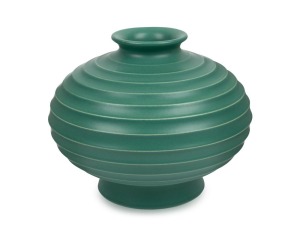 WEDGWOOD green glazed ribbed porcelain vase by KEITH MURRAY, circa 1930s, stamped "Keith Murray, WEDGWOOD, MADE IN ENGLAND", 16cm high